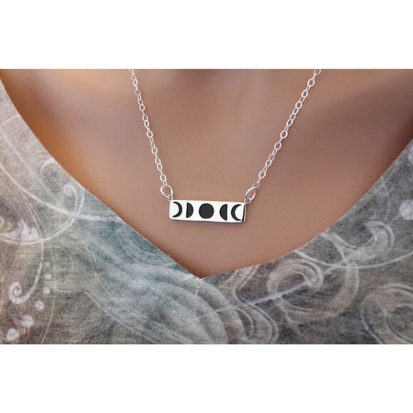 Sterling Silver Moon Phase Pendant Necklace With Black Wood - Picture 2 of 3